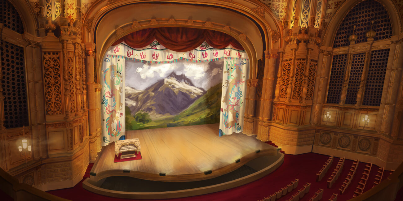 View of Orpheum stage with mountain backdrop